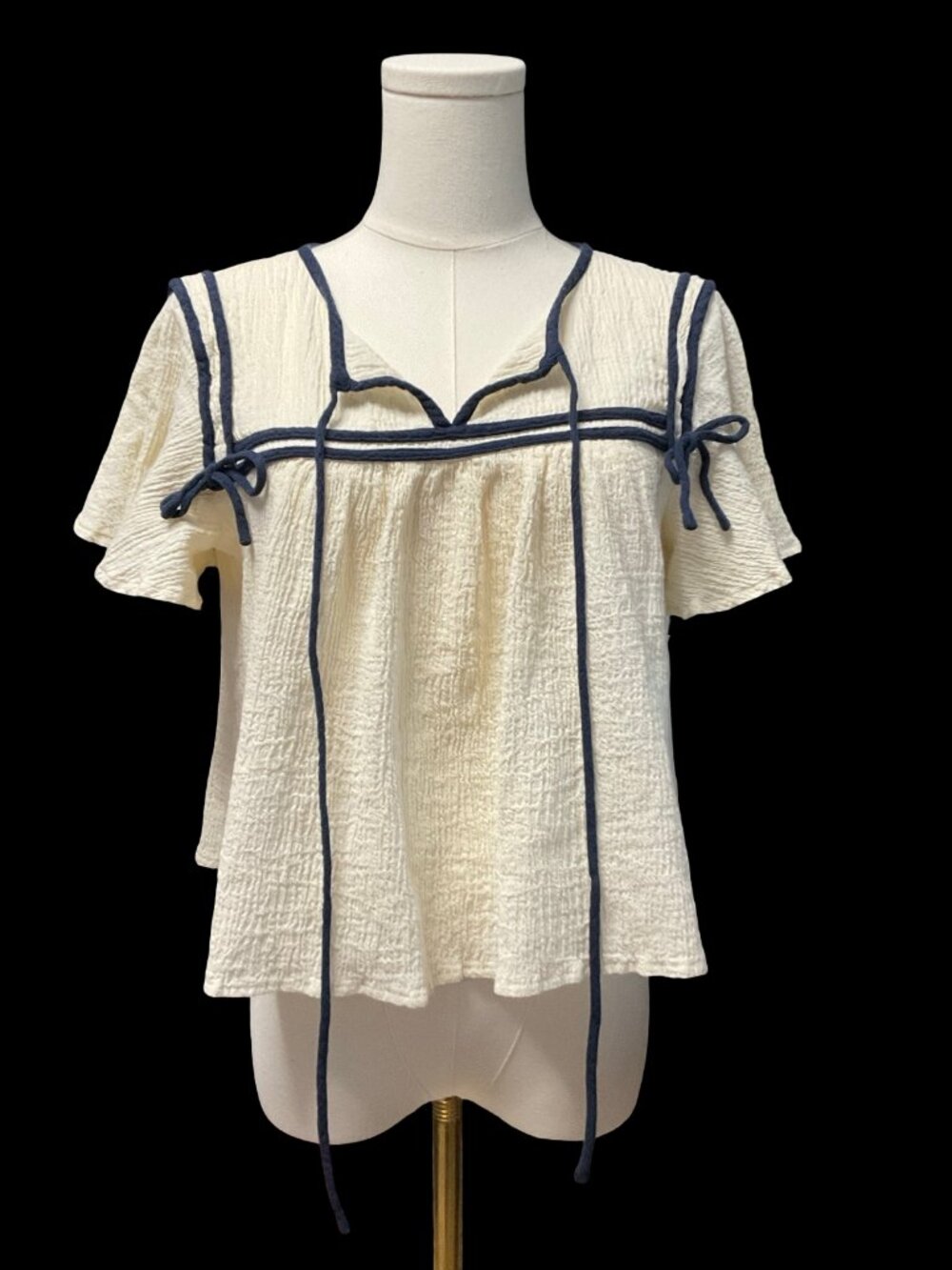 Pale Yellow Crepe Blouse w/ Navy Trim